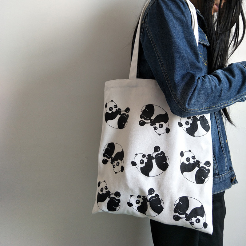 Modsnde Women Shoulder Bags Lovely Panda Pattern Printing Environmental Shopping Bag Large Capacity Canvas Handbag Tote Bags