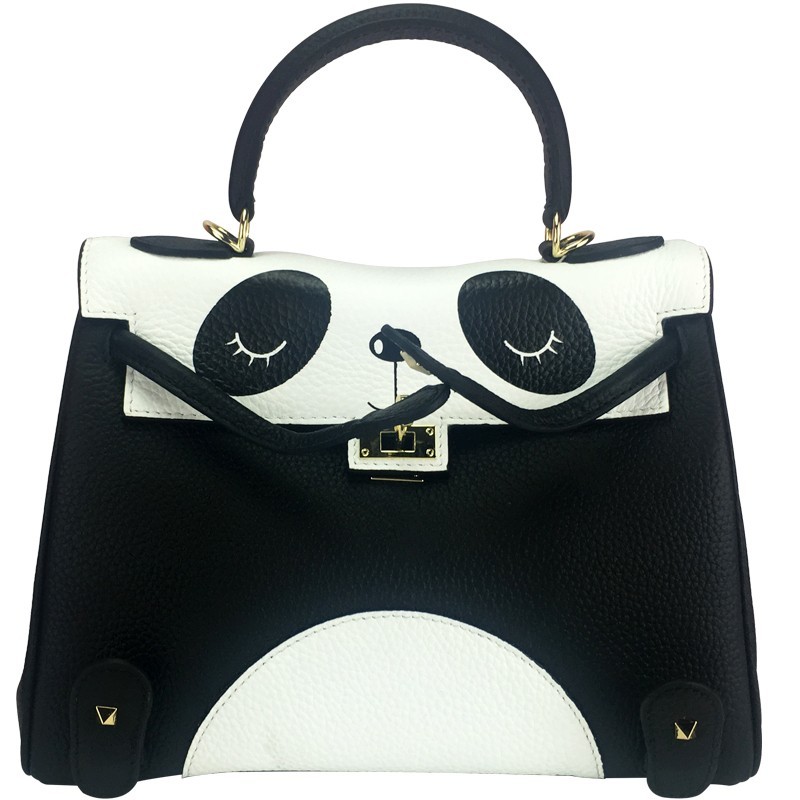 Black leather side bag purse with kawaii panda... - Depop