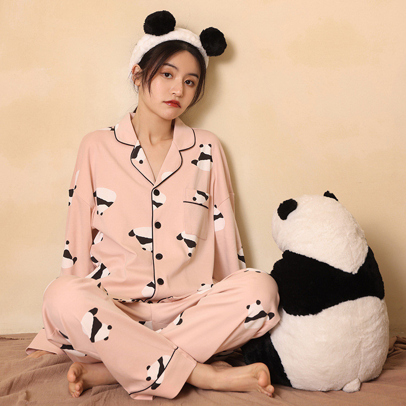 Panda Pajamas Womens, Sweet Button-down Pink Panda Pajamas Sets
