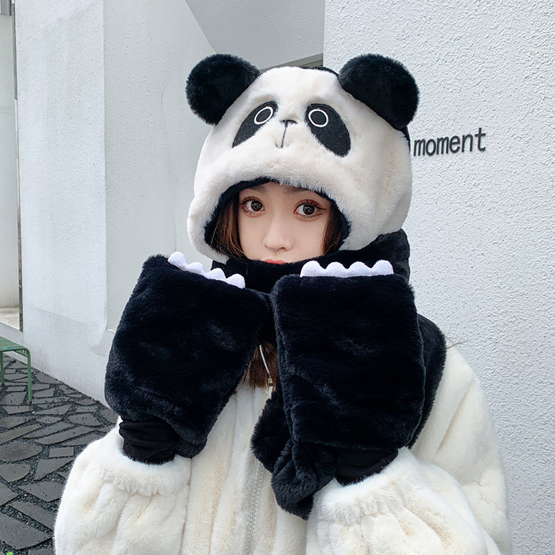 Kids Winter Panda Hoodie Hat Scarf Gloves Set All in One for Girls Boys Lovely Cartoon Thick Hood Hat with Mitten Pocket Gloves Scarf Birthday for Children 3-10 Years Old Black B 