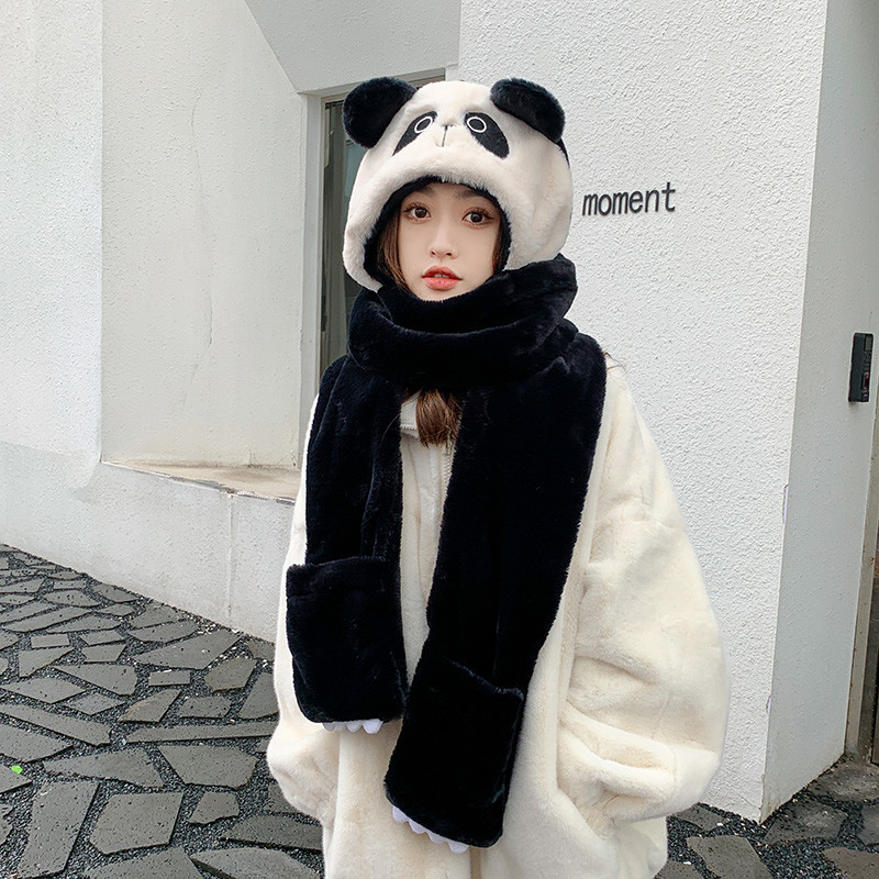 Kids Winter Panda Hoodie Hat Scarf Gloves Set All in One for Girls Boys Lovely Cartoon Thick Soft Full Hood Hat with Mitten Pocket Gloves Scarf Birthday for Children 3-10 Years Old 