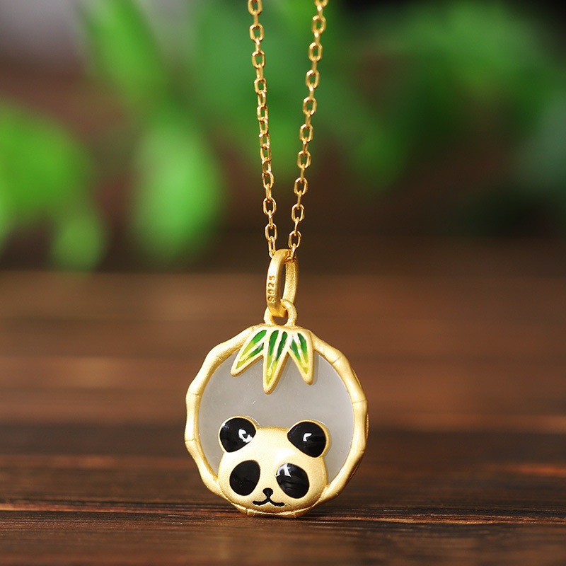 Panda Pendant Necklace Hetian Jade Sterling Silver Panda Necklace
