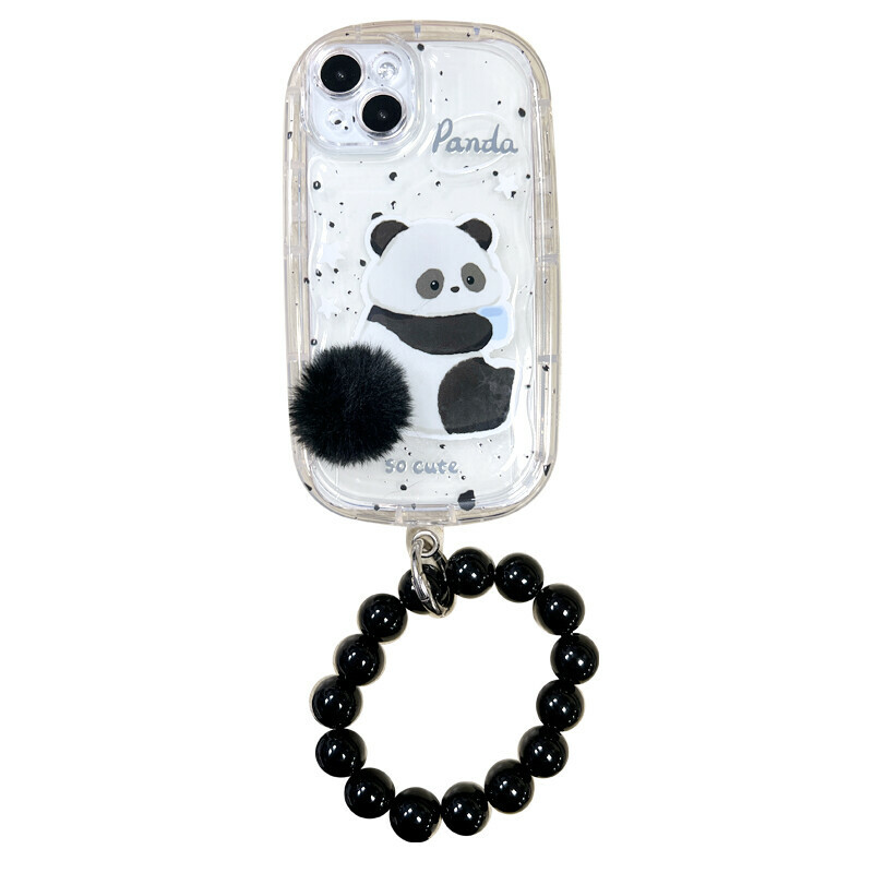 Panda iPhone Case with Fluffy Tail and Beaded Charm - Fits iPhone