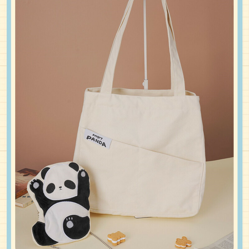 Canvas Tote Bag with Detachable Panda Crossbody Pouch