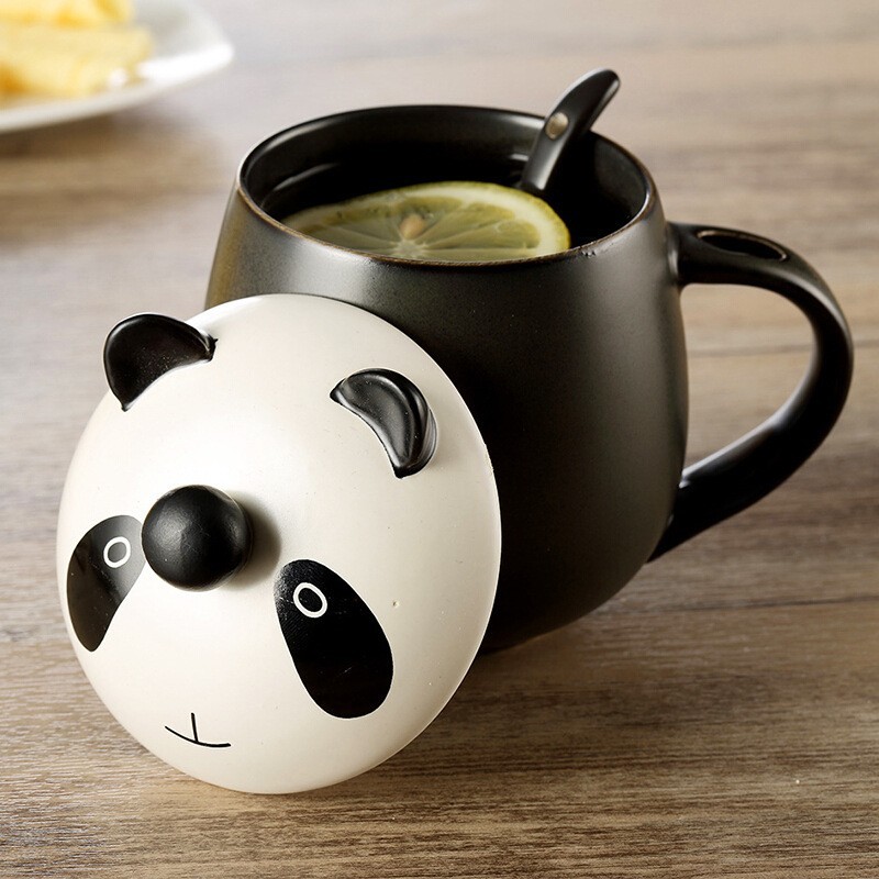 Panda Cup, Ceramic Coffee Mugs, Adorable Panda Mug with Spoon & Lid