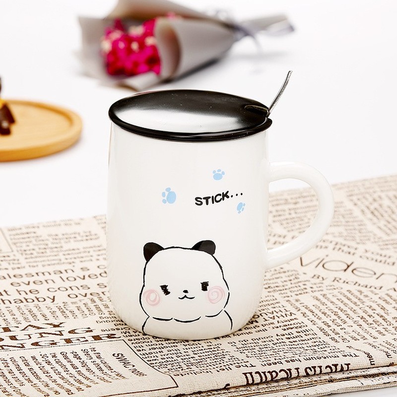 Panda Cup, 500ml White Ceramic Coffee Mug With Lid, Panda Coffee Mugs