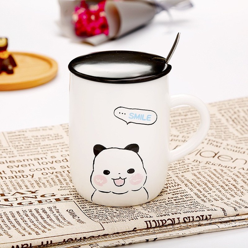 Panda Cup, 500ml White Ceramic Coffee Mug With Lid, Panda Coffee Mugs