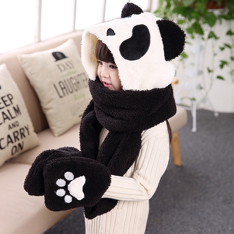 3 in 1 panda plush animal hat with long paw scarf mitten combo